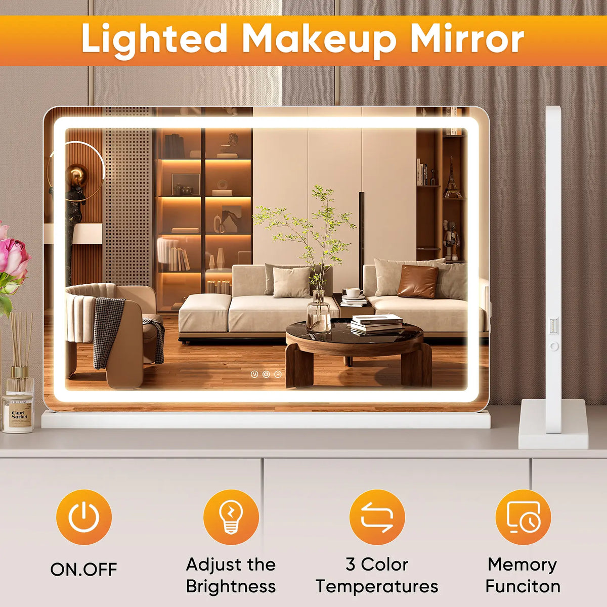 LED Lighted Vanity Mirror - Adjustable Lighted, 3  Dimmable Color Modes, Touch Screen Control.
