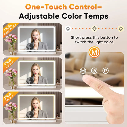 LED Lighted Vanity Mirror - Adjustable Lighted, 3  Dimmable Color Modes, Touch Screen Control.