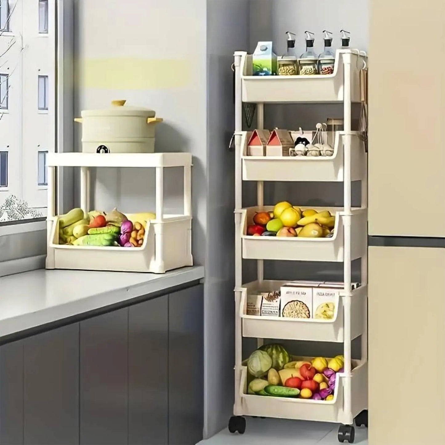 Multilayer Plastic Rolling Storage Cart with Wheels | Multi-Purpose Layered Organizer Shelf